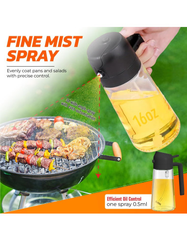 Pulverizador de Aceite KRAFTMAN 470ml Vidrio 2-en-1 Cocina