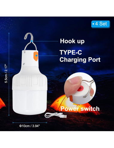 Lámpara de Camping LED PATIKIL - Paquete de 4, 60W, Blanca