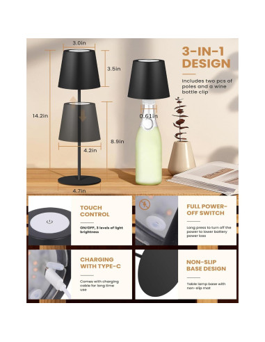 Lámpara de Mesa Inalámbrica JCHPZR 2 Paquetes LED 5000mAh