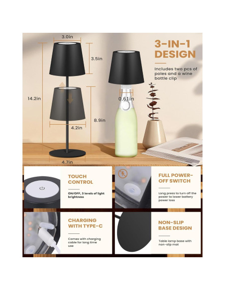 Lámpara de Mesa Inalámbrica JCHPZR 2 Paquetes LED 5000mAh