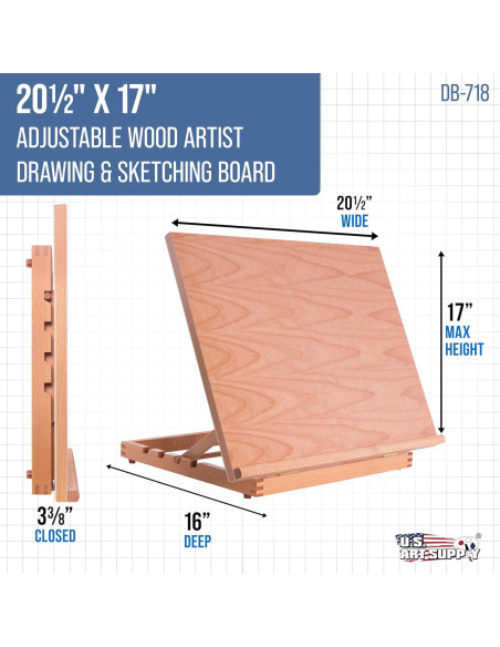 Tablero de Dibujo Ajustable Suministro de Arte 52.1x43.2cm Madera Haya