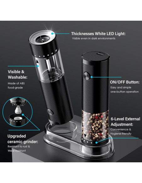 Juego de Molinillos Eléctricos de Sal y Pimienta GEMII Negro