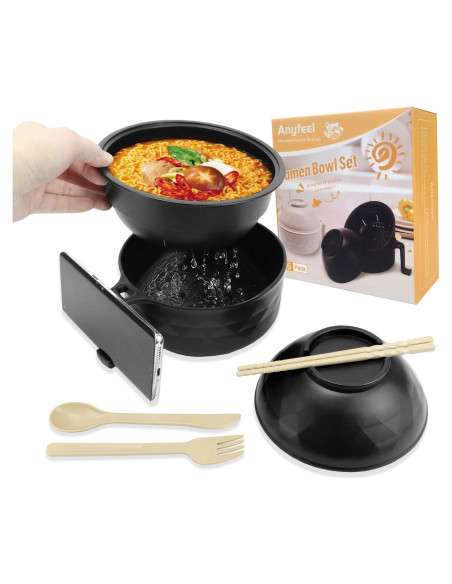 Tazón para Ramen Anyfeel 680ml con Palillos y Cuchara Negro