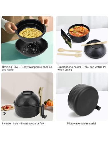 Tazón para Ramen Anyfeel 680ml con Palillos y Cuchara Negro