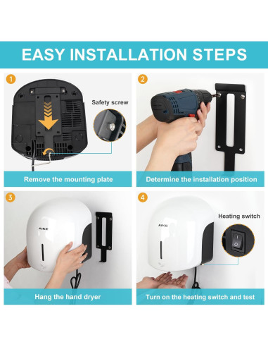 Secador de Manos AIKE AK2637 Blanco, Bajo Ruido, 1500W