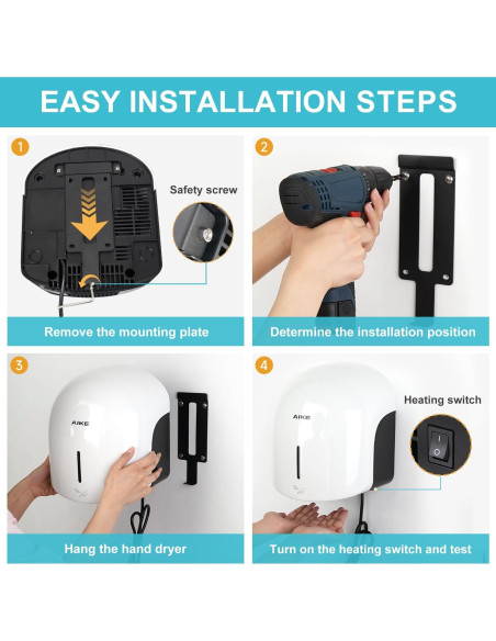 Secador de Manos AIKE AK2637 Blanco, Bajo Ruido, 1500W