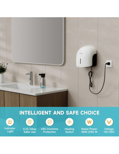 Secador de Manos AIKE AK2637 Blanco, Bajo Ruido, 1500W