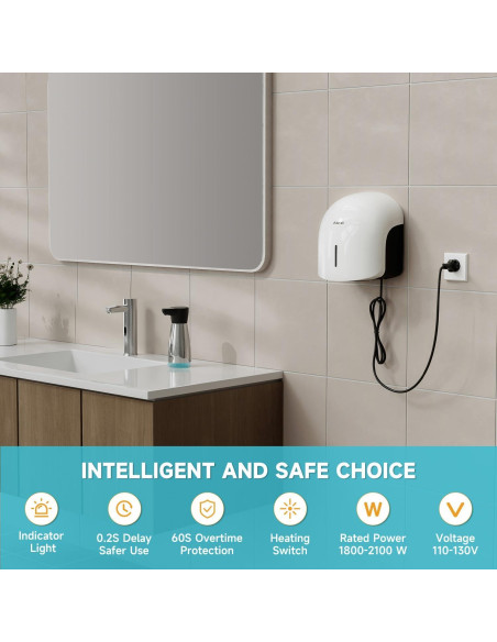 Secador de Manos AIKE AK2637 Blanco, Bajo Ruido, 1500W