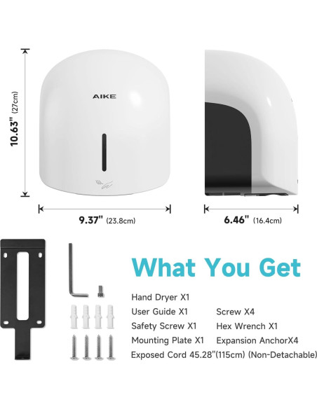 Secador de Manos AIKE AK2637 Blanco, Bajo Ruido, 1500W