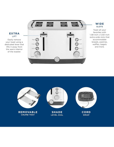 Tostadora GE 4 Rebanadas Blanca | Ranuras Anchas y 7 Configuraciones