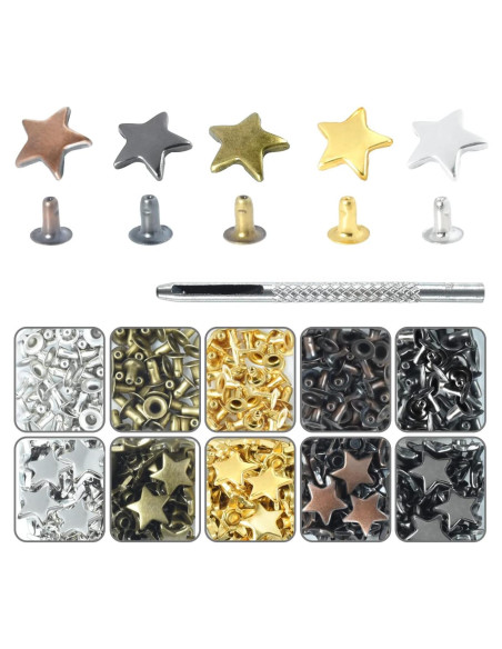 200 Sets Remaches de Cuero Estrella 12mm CooBigo + Herramienta