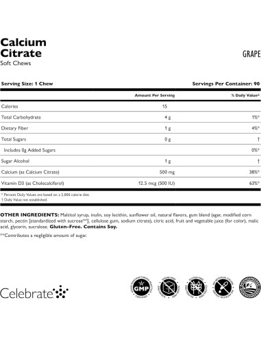 Caramelos Blandos de Calcio Celebrar 500mg Uva 90 Unidades