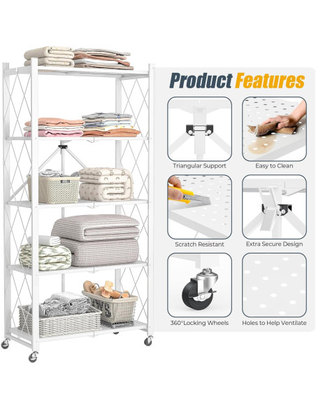 Estante Plegable SKONYON de 5 Niveles con Ruedas 360 Blanco