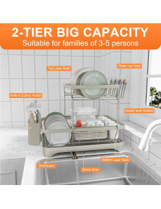 Escurridor de Platos HOMEBOSILY 2 Niveles con Drenaje Automático 2