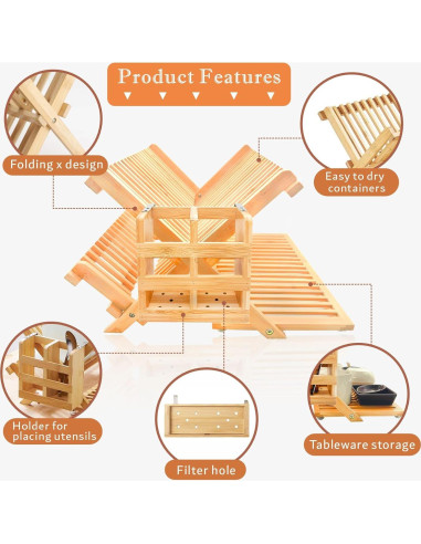 Estante de Secado de Platos de Bambú DR-3 Niveles Plegable