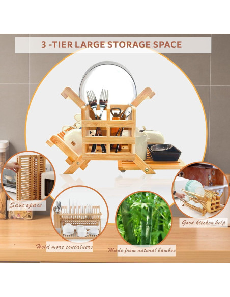 Estante de Secado de Platos de Bambú DR-3 Niveles Plegable