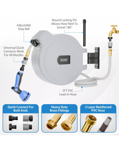 Carrete de Manguera de Jardín Retráctil HANDT 15.24 m Gris