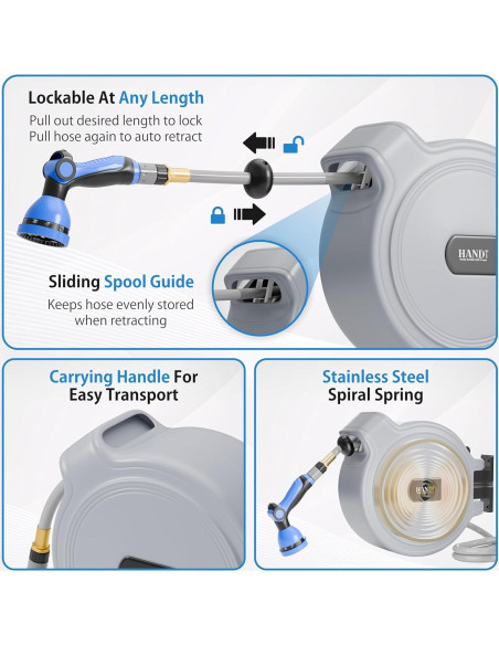 Carrete de Manguera de Jardín Retráctil HANDT 15.24 m Gris