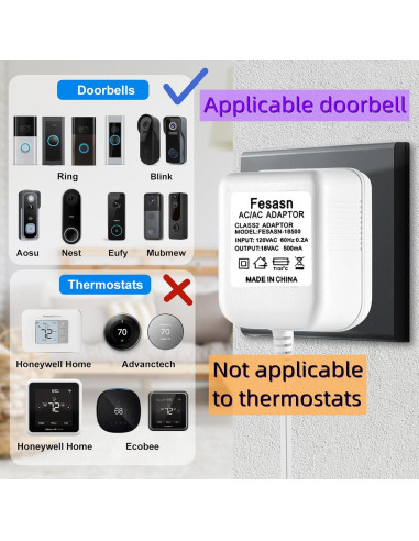 Adaptador de Corriente 18V Fesasn para Timbres Ring y Nest - 5m