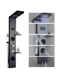 Sistema de Ducha LED RUITHOE Negro Mate con Estante y LCD