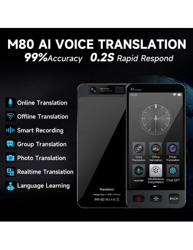 Traductor de Idiomas AI M80 - 142 Idiomas, Grabación y Fotos