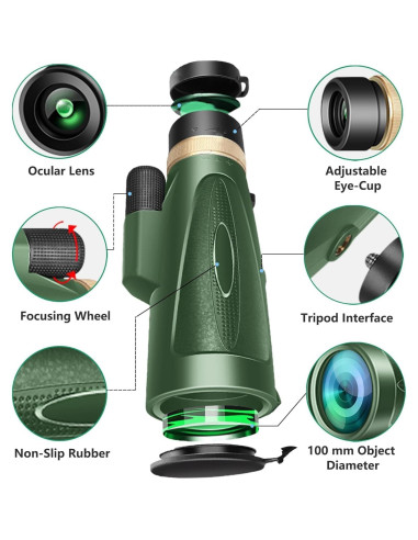 Telescopio Monocular 80x100 HD KTBDING Verde con Trípode
