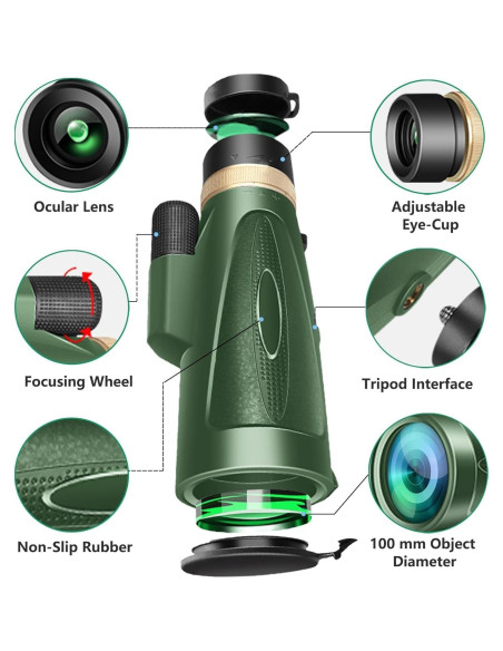 Telescopio Monocular 80x100 HD KTBDING Verde con Trípode