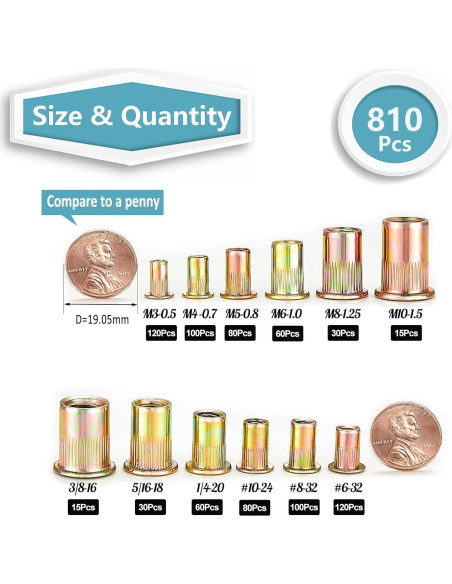 Kit de Tuercas Remachadas Kadrick 810pcs Métricas y SAE