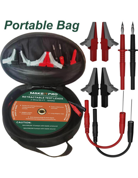 Cables de Prueba Retráctiles 2 Cables 18AWG 9m Kit Multímetro