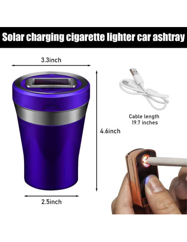 Cenicero de coche Sylvil con encendedor solar y tapa LED azul