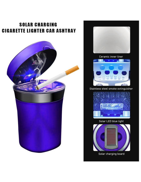 Cenicero de coche Sylvil con encendedor solar y tapa LED azul