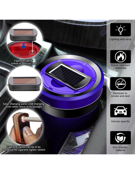 Cenicero de coche Sylvil con encendedor solar y tapa LED azul