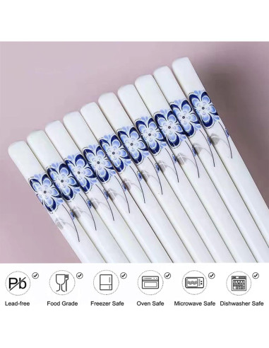 10 Pares de Palillos de Cerámica Decohomeforu 24.68 cm Flor Azul