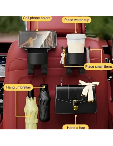 Organizador de Coche 2 Ganchos Reposacabezas con Portavasos