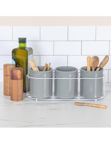 Conjunto de 3 Crocks de Cerámica Creative Co-Op en Gris y Blanco