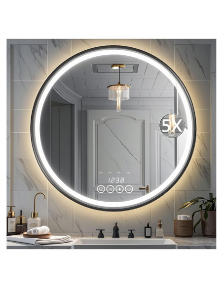 Espejo redondo LED 50.8 cm Msrorriw con reloj y anti-vaho