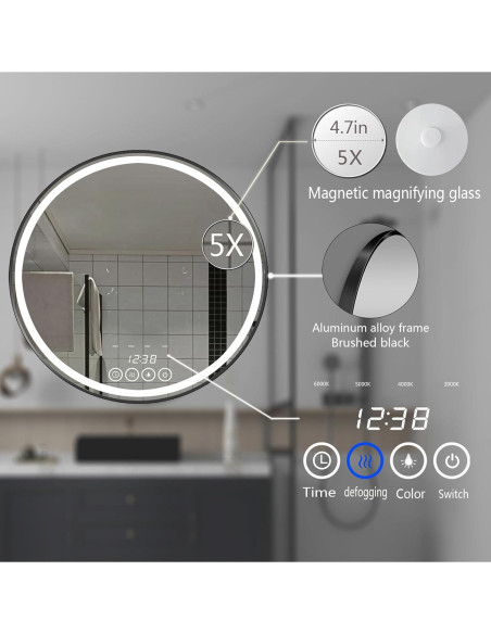 Espejo redondo LED 50.8 cm Msrorriw con reloj y anti-vaho