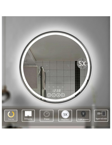 Espejo redondo LED 50.8 cm Msrorriw con reloj y anti-vaho