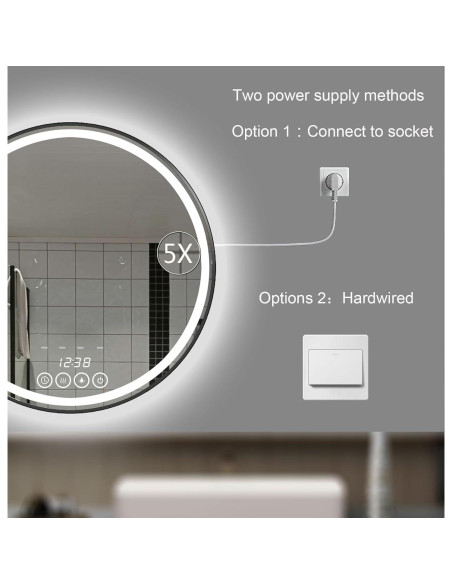 Espejo redondo LED 50.8 cm Msrorriw con reloj y anti-vaho