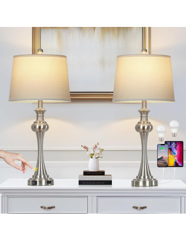 Juego de 2 Lámparas de Mesa Plateadas CINSARY con USB y Táctil