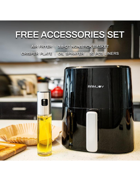 Freidora de Aire RAMJOY 3.8QT Digital Compacta Negra 8-en-1
