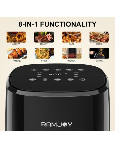 Freidora de Aire RAMJOY 3.8QT Digital Compacta Negra 8-en-1