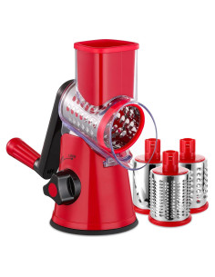 Rallador de Queso Rotatorio LucGee 3 en 1 Acero Inoxidable Rojo
