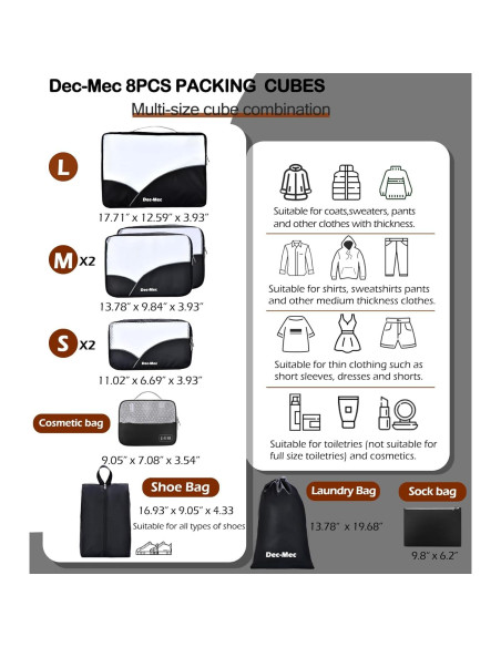 Set de Cubos de Empaque Dec-Mec 8 Piezas Negro Organizador