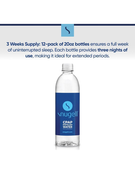 Agua Destilada Snugell para Máquinas CPAP - 12 Botellas de 591 ml