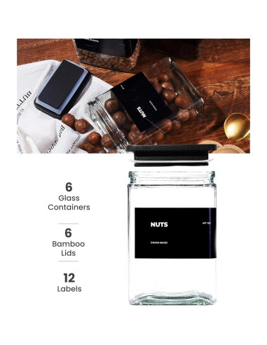 Set de 6 Tarros de Almacenamiento de Vidrio 0.8L con Tapa de Bambú