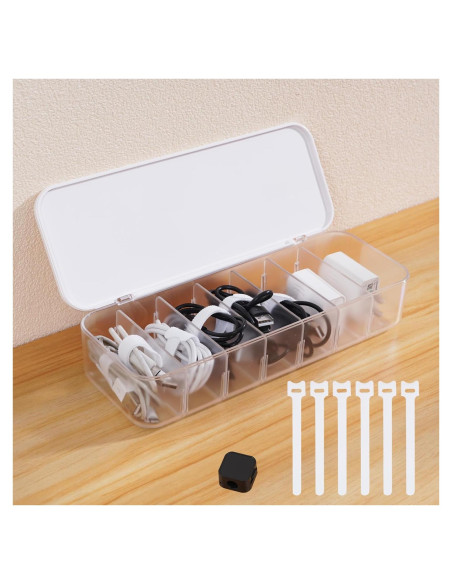 Caja Organizadora de Cables Asonen con 7 Sujetacables y 6 Clips Magnéticos - Blanca