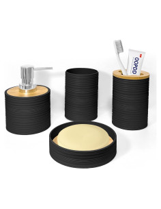 Juego de Accesorios de Baño 4 Piezas Bambú Seeatoo Negro