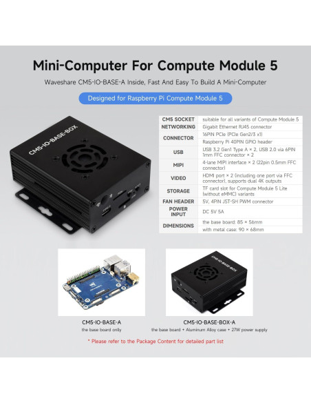 Placa Base Mini Waveshare CM5 con Caja Metal y Fuente 5V 5A