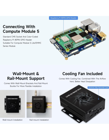 Placa Base Mini Waveshare CM5 con Caja Metal y Fuente 5V 5A